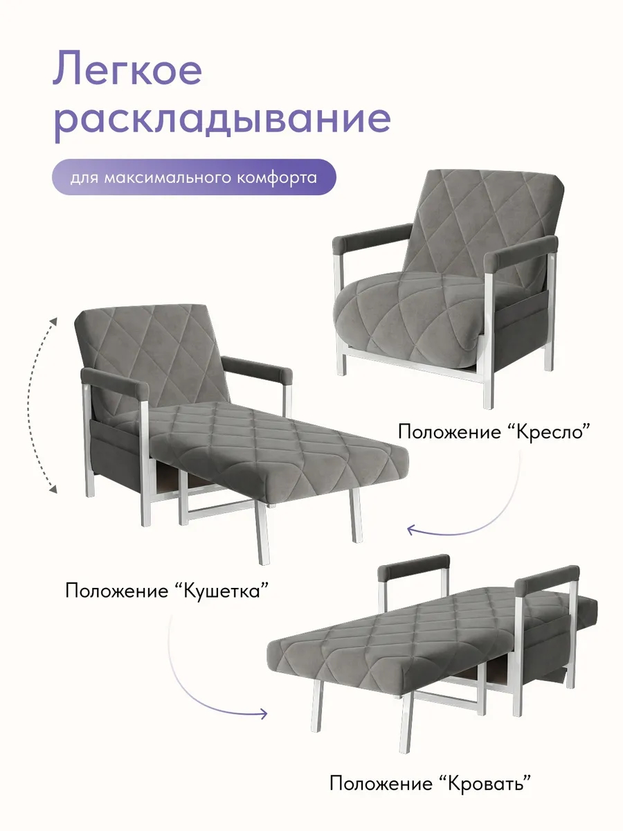 Кресло-кровать "Акробат" серый велюр (Velutto 32) белый каркас - миниатюра 3