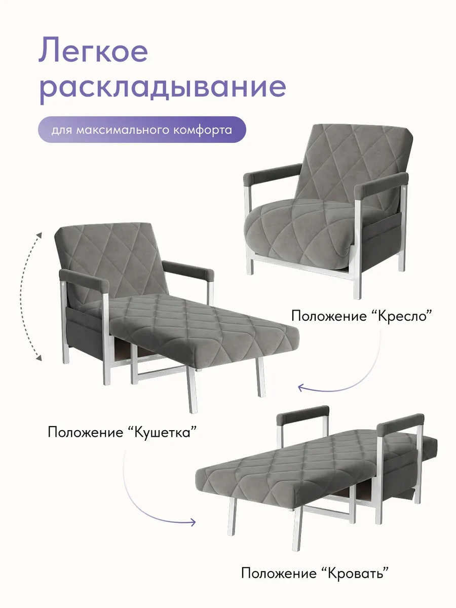 Кресло-кровать "Акробат" серый велюр (Velutto 32) белый каркас - миниатюра 3