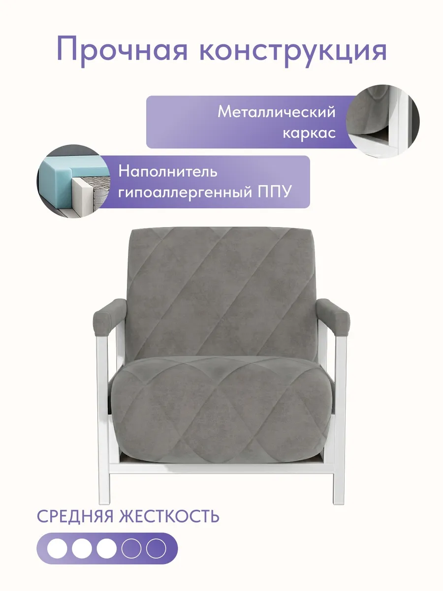 Кресло-кровать "Акробат" серый велюр (Velutto 32) белый каркас - миниатюра 5