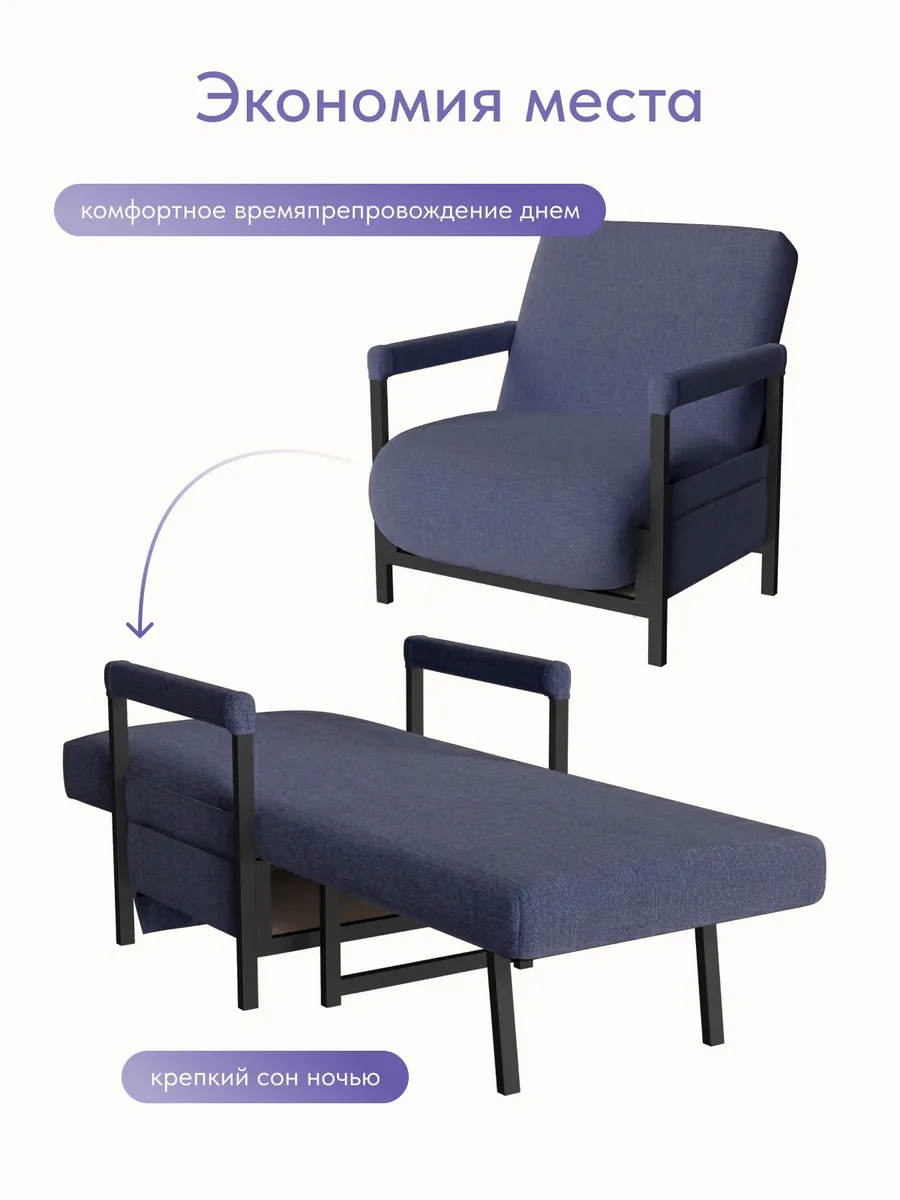 Кресло-кровать "Акробат Лайт" синяя рогожка (модерно 05) чёрный каркас - миниатюра 7