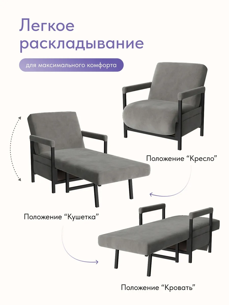 Кресло-кровать "Акробат Лайт" серый велюр (Velutto 32) чёрный каркас - миниатюра 3