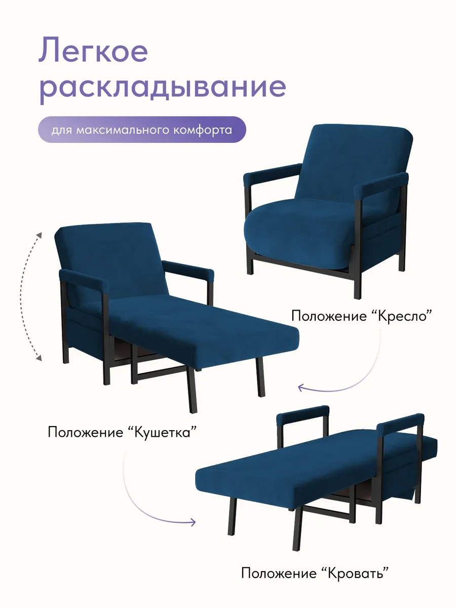 Кресло-кровать "Акробат Лайт" синий велюр (Velutto 26) чёрный каркас - миниатюра 3