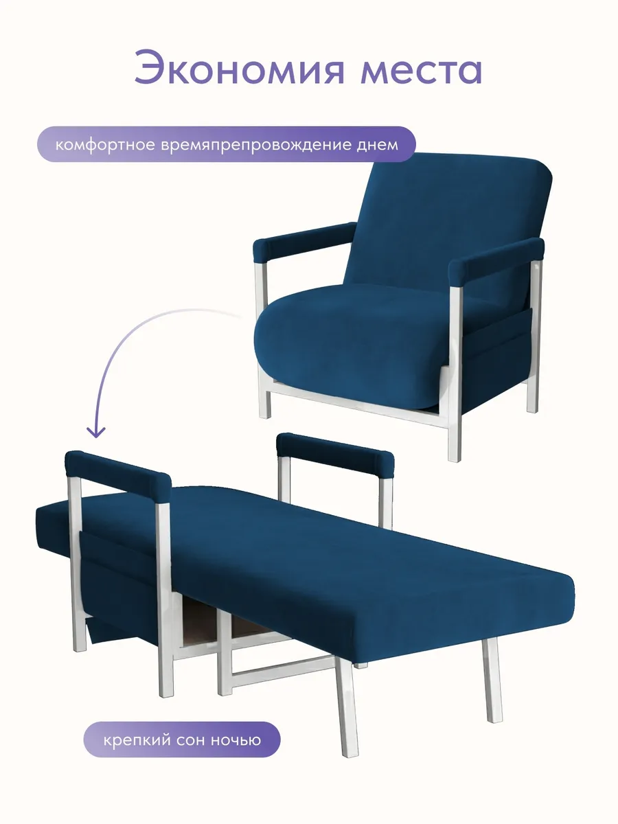 Кресло-кровать "Акробат Лайт" синий велюр (Velutto 26) белый каркас - миниатюра 8