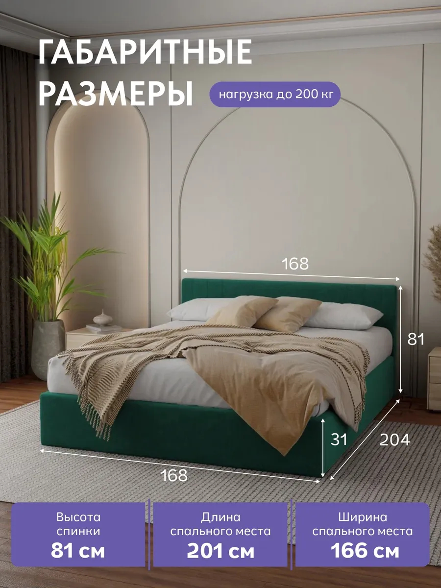 Кровать "Лайн" 160х200  изумрудный велюр - миниатюра 2