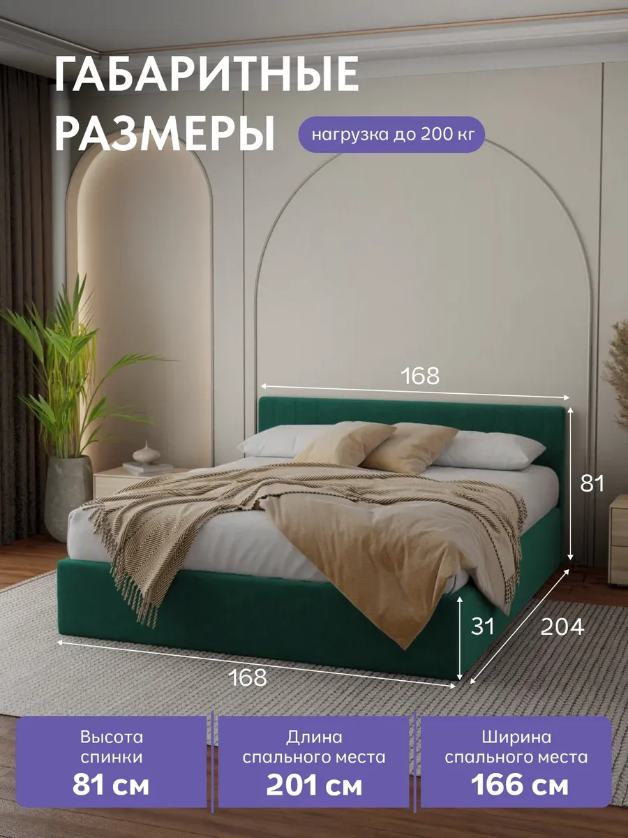 Кровать "Лайн" 160х200  изумрудный велюр - миниатюра 2
