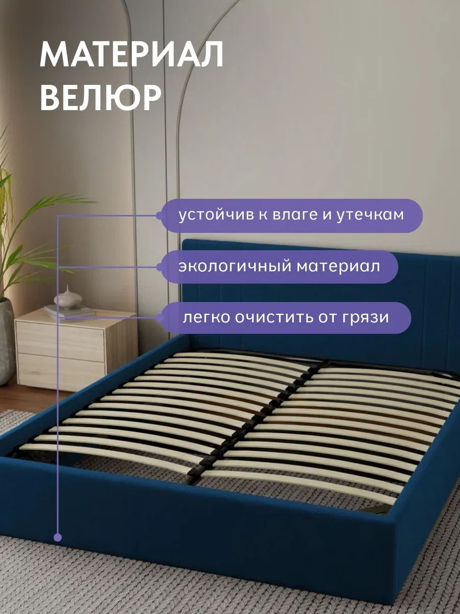 Кровать "Лайн" 160х200  синий велюр - миниатюра 5
