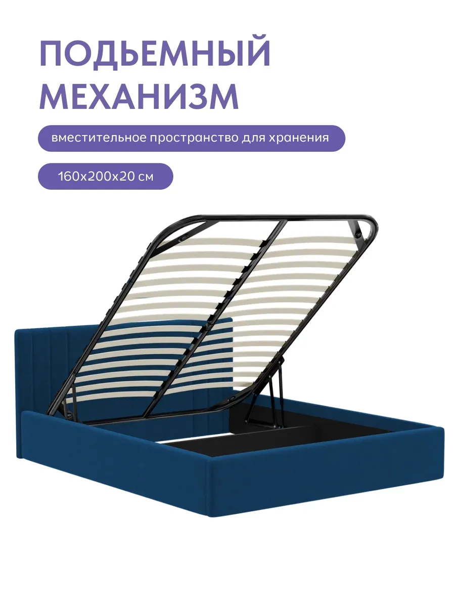 Кровать "Лайн" 160х200  синий велюр - миниатюра 4