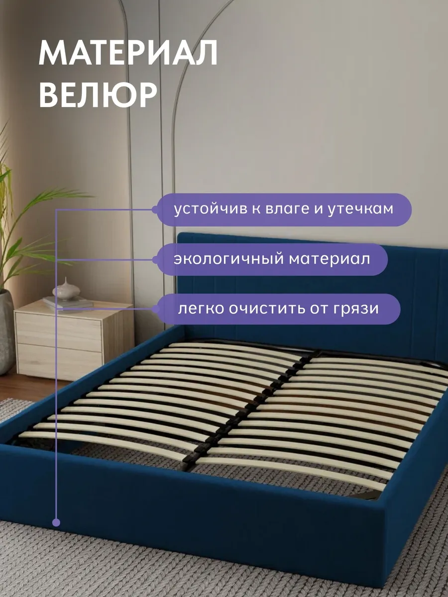 Кровать "Лайн" 160х200  синий велюр - миниатюра 5