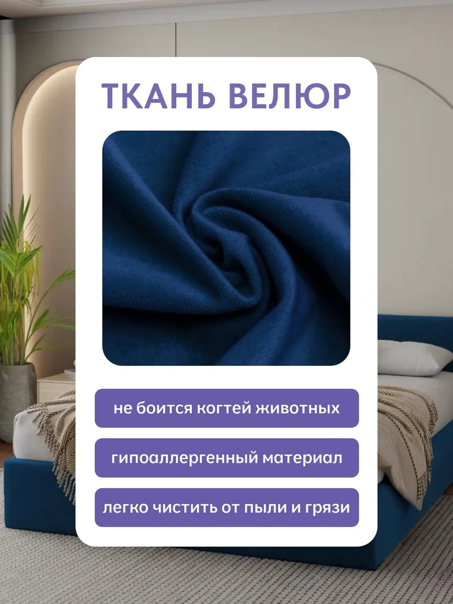 Кровать "Лайн" 160х200  синий велюр - миниатюра 7