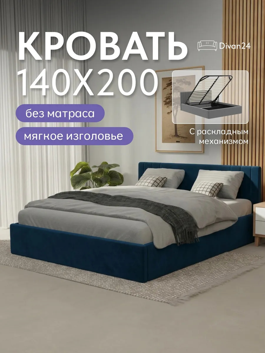 Кровать "Лайн" 140х200  синий велюр