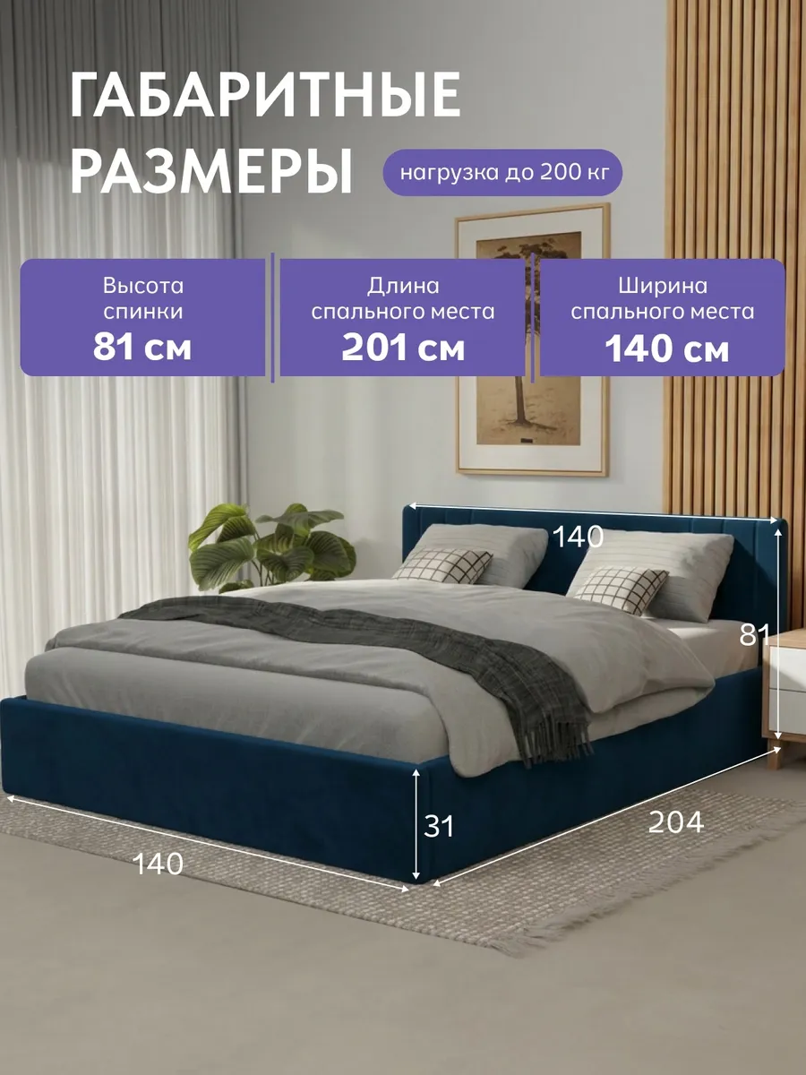 Кровать "Лайн" 140х200  синий велюр - миниатюра 2