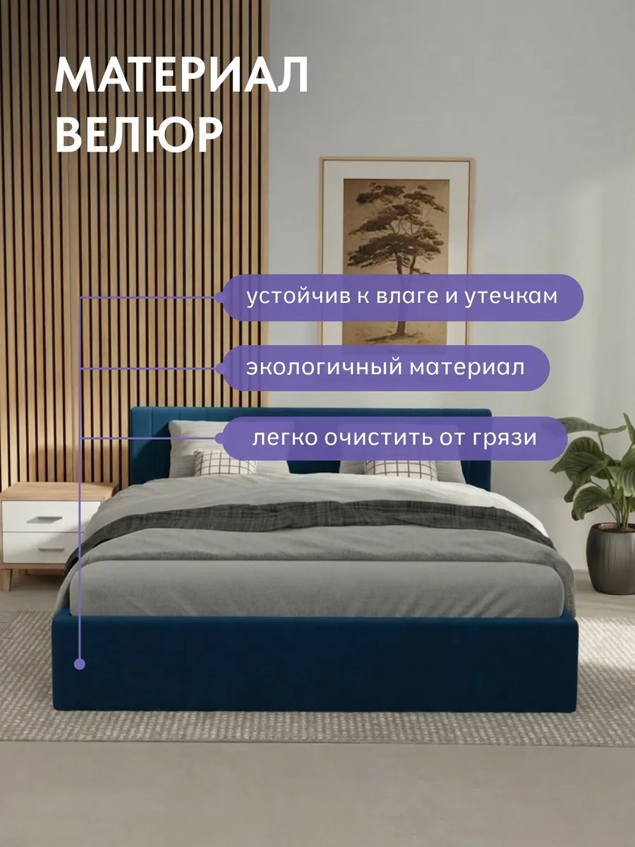 Кровать "Лайн" 140х200  синий велюр - миниатюра 5