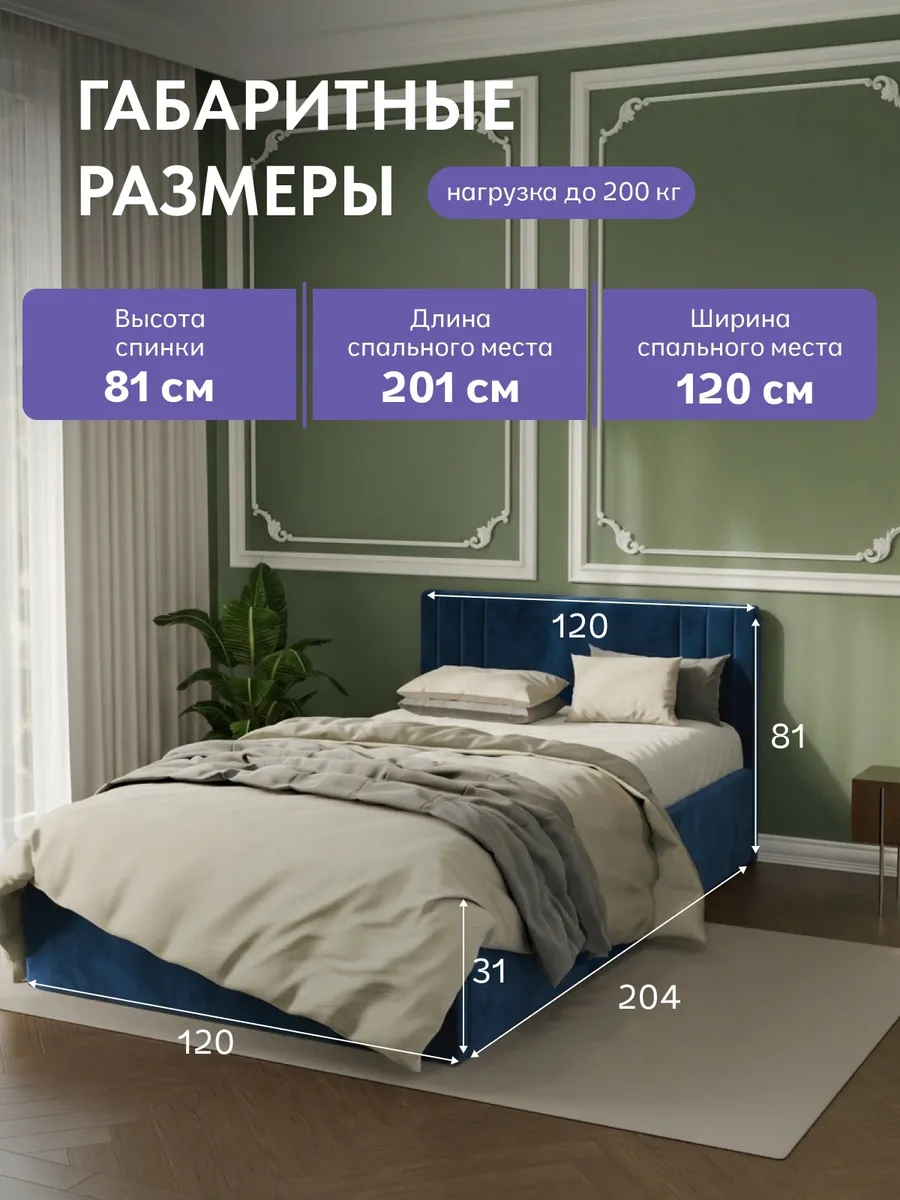 Кровать "Лайн" 120х200  синий велюр - миниатюра 2