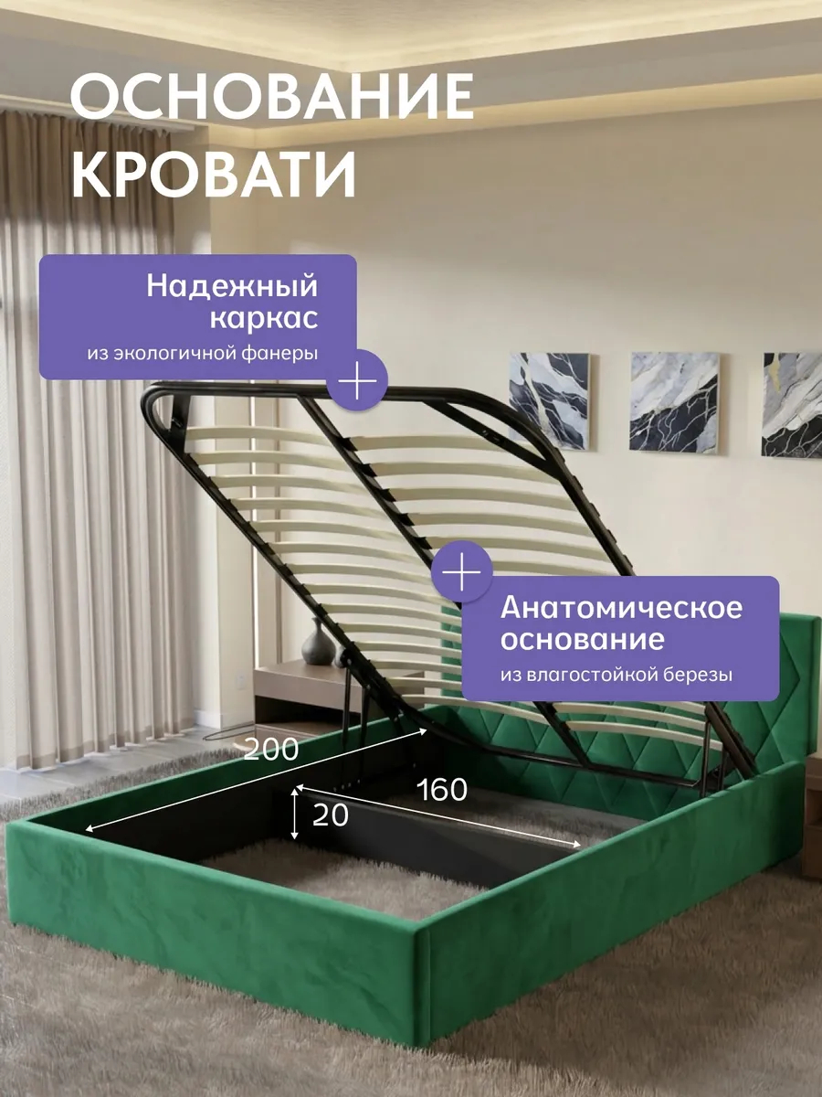 Кровать "Марбелья" 160х200  изумрудный велюр - миниатюра 3