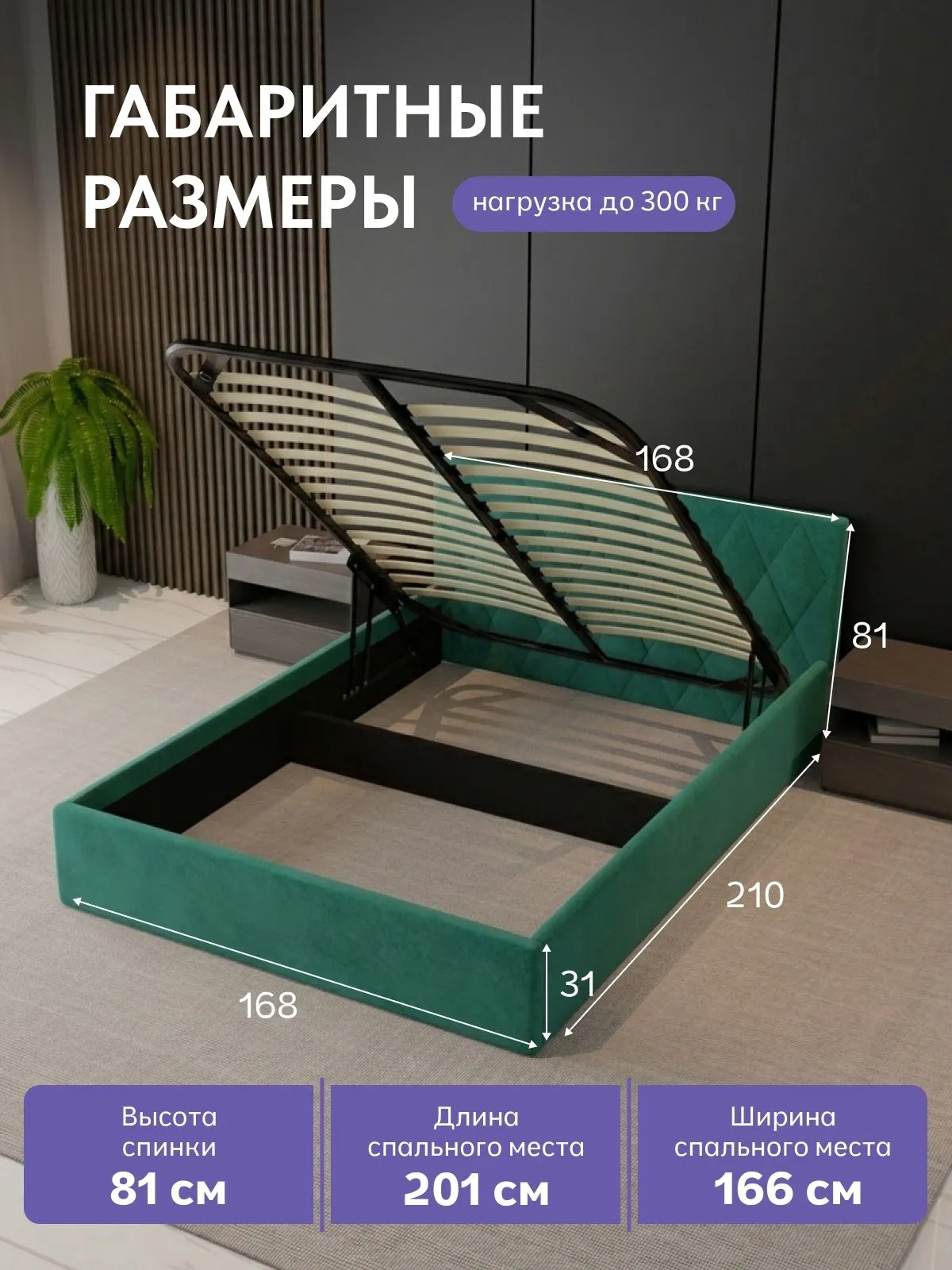 Кровать "Марбелья" 160х200 изумрудный велюр - миниатюра 2