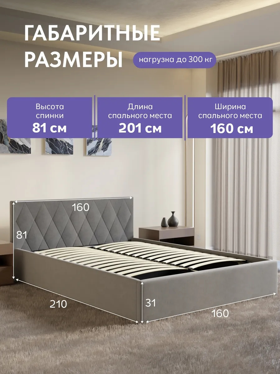 Кровать "Марбелья" 160х200  серый велюр - миниатюра 2