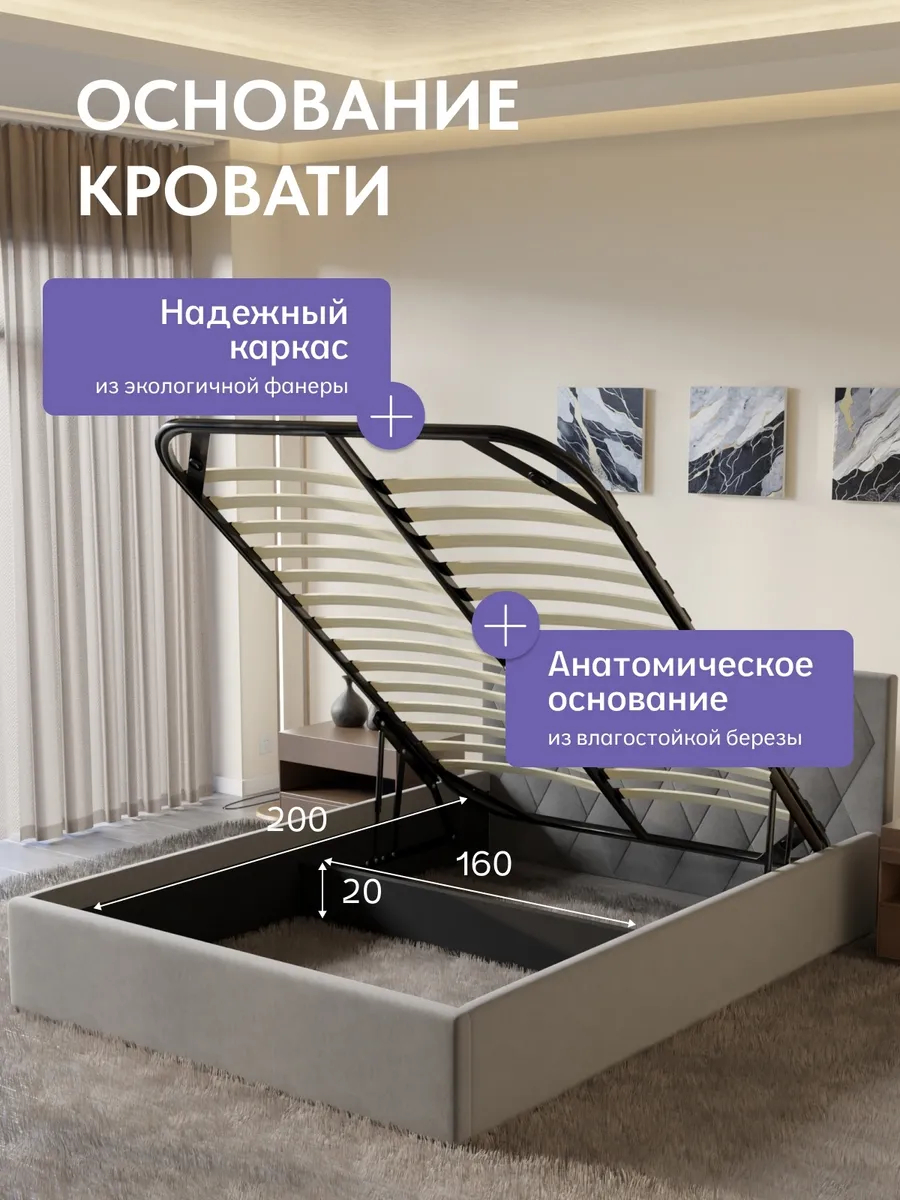 Кровать "Марбелья" 160х200  серый велюр - миниатюра 3