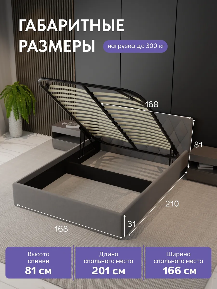 Кровать "Марбелья" 160х200  серый велюр - миниатюра 2