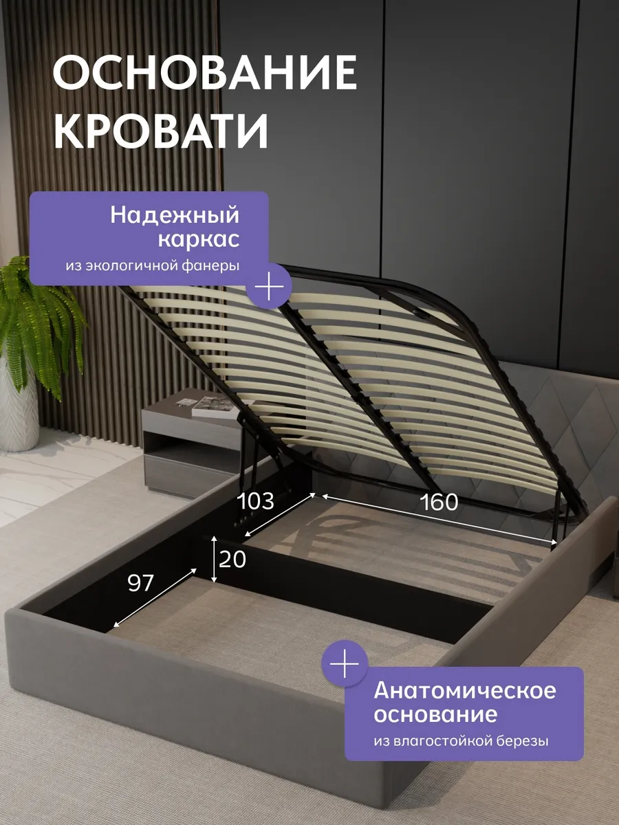 Кровать "Марбелья" 160х200  серый велюр - миниатюра 3