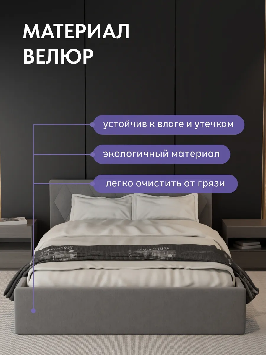Кровать "Марбелья" 160х200  серый велюр - миниатюра 5