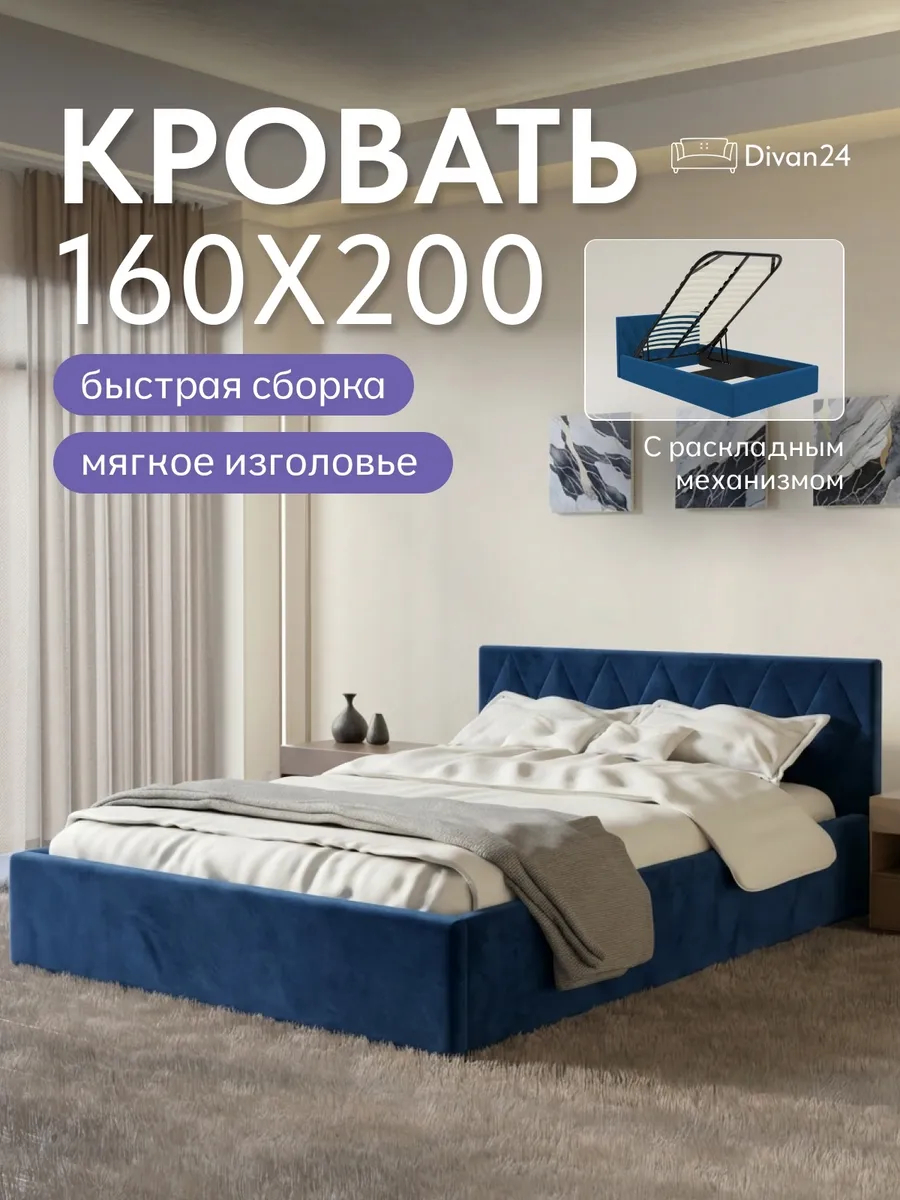 Кровать "Марбелья" 160х200  синий велюр