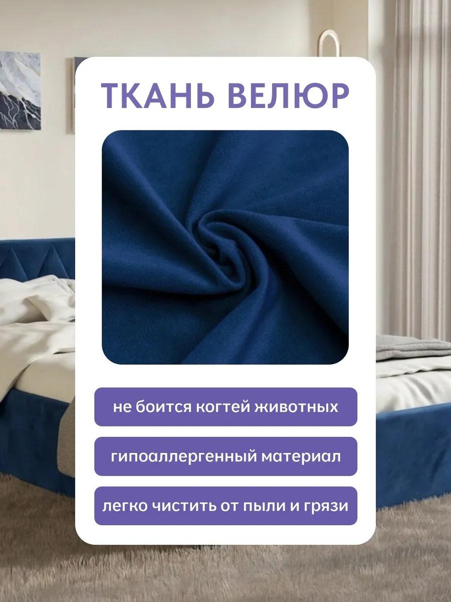 Кровать "Марбелья" 160х200  синий велюр - миниатюра 7
