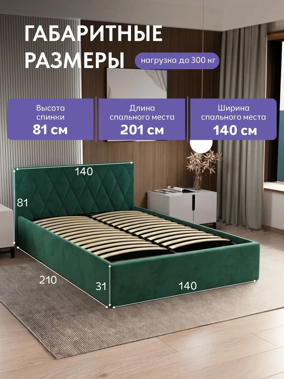 Кровать "Марбелья" 140х200 изумрудный велюр - миниатюра 2