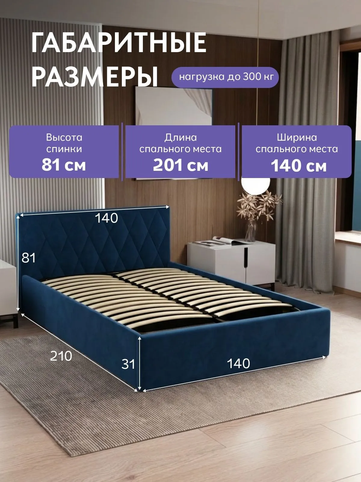 Кровать "Марбелья" 140х200  синий велюр - миниатюра 2