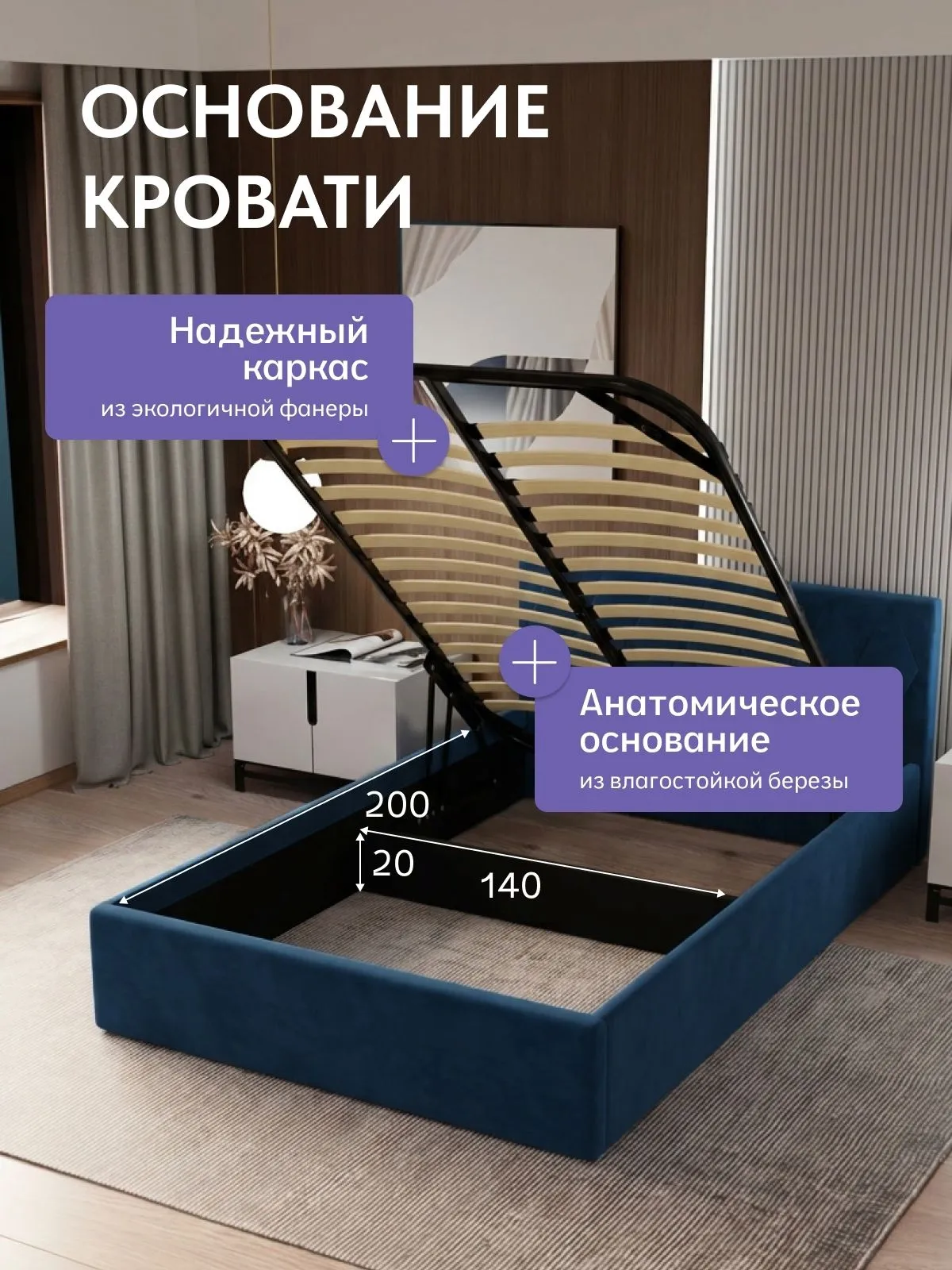 Кровать "Марбелья" 140х200  синий велюр - миниатюра 3