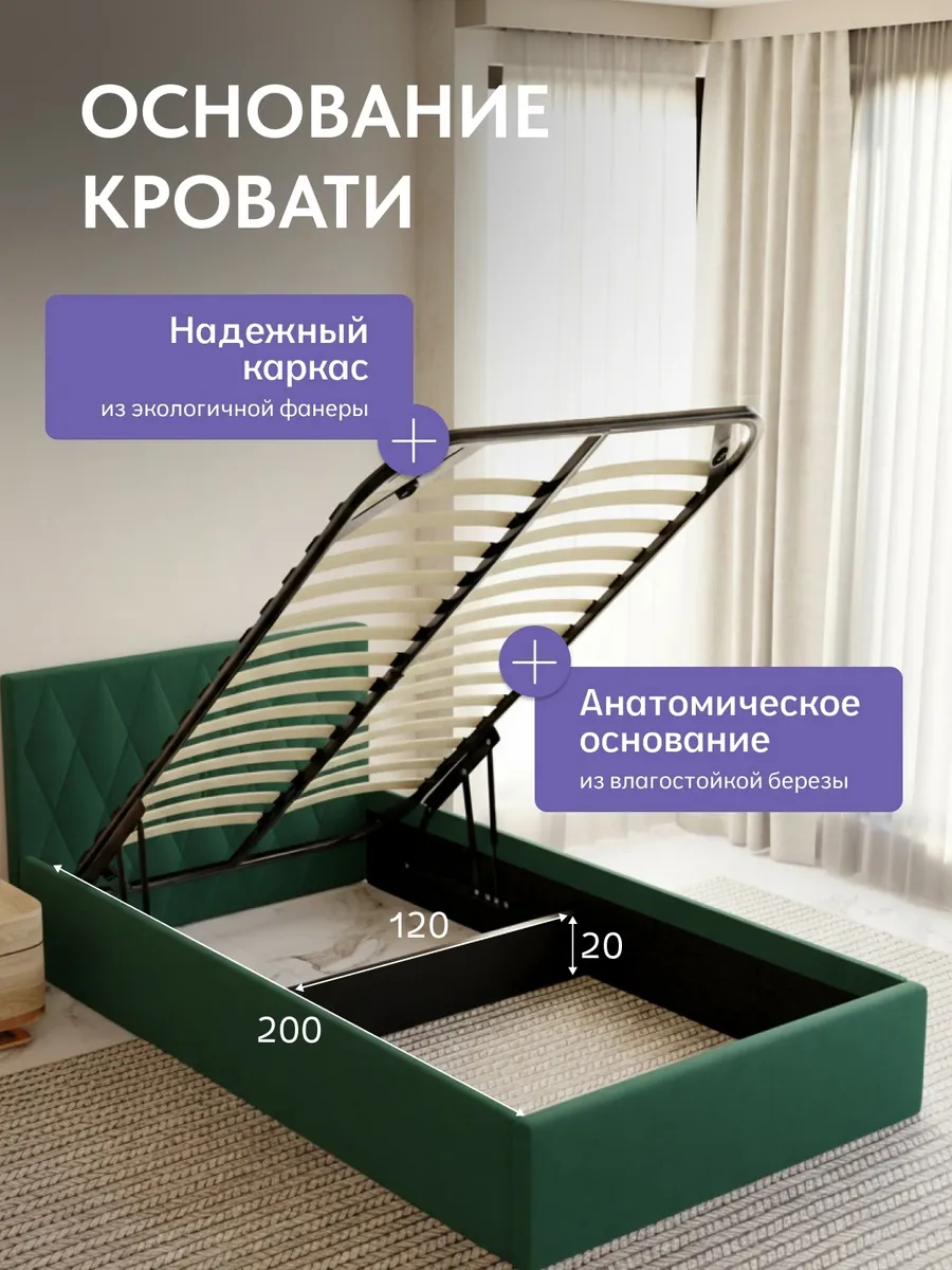 Кровать "Марбелья" 120х200  изумрудный велюр - миниатюра 3