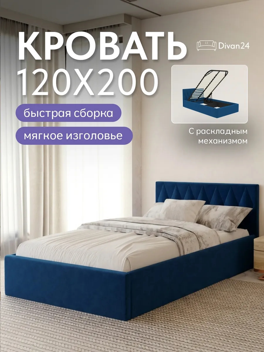 Кровать "Марбелья" 120х200  синий велюр