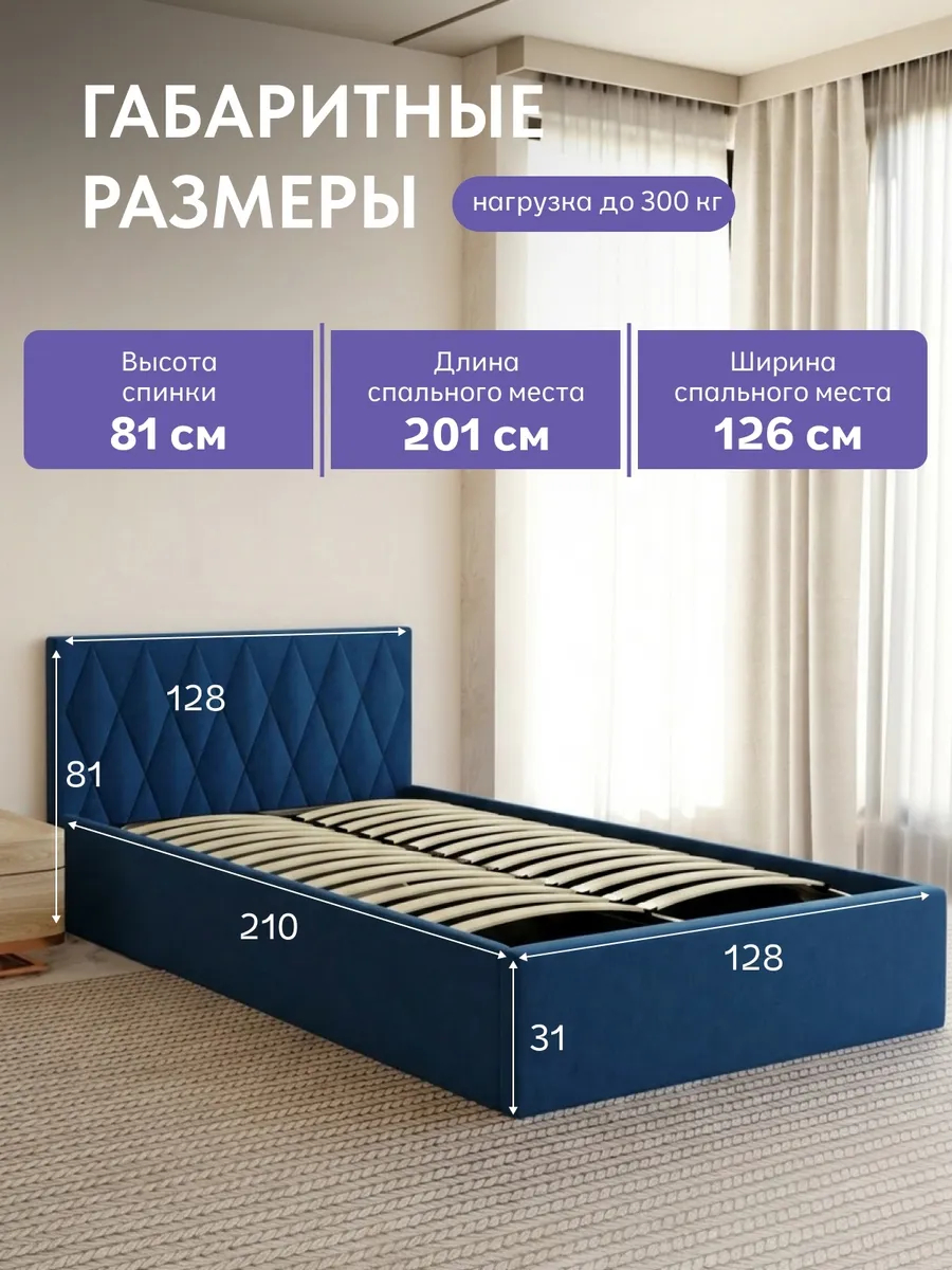 Кровать "Марбелья" 120х200  синий велюр - миниатюра 2