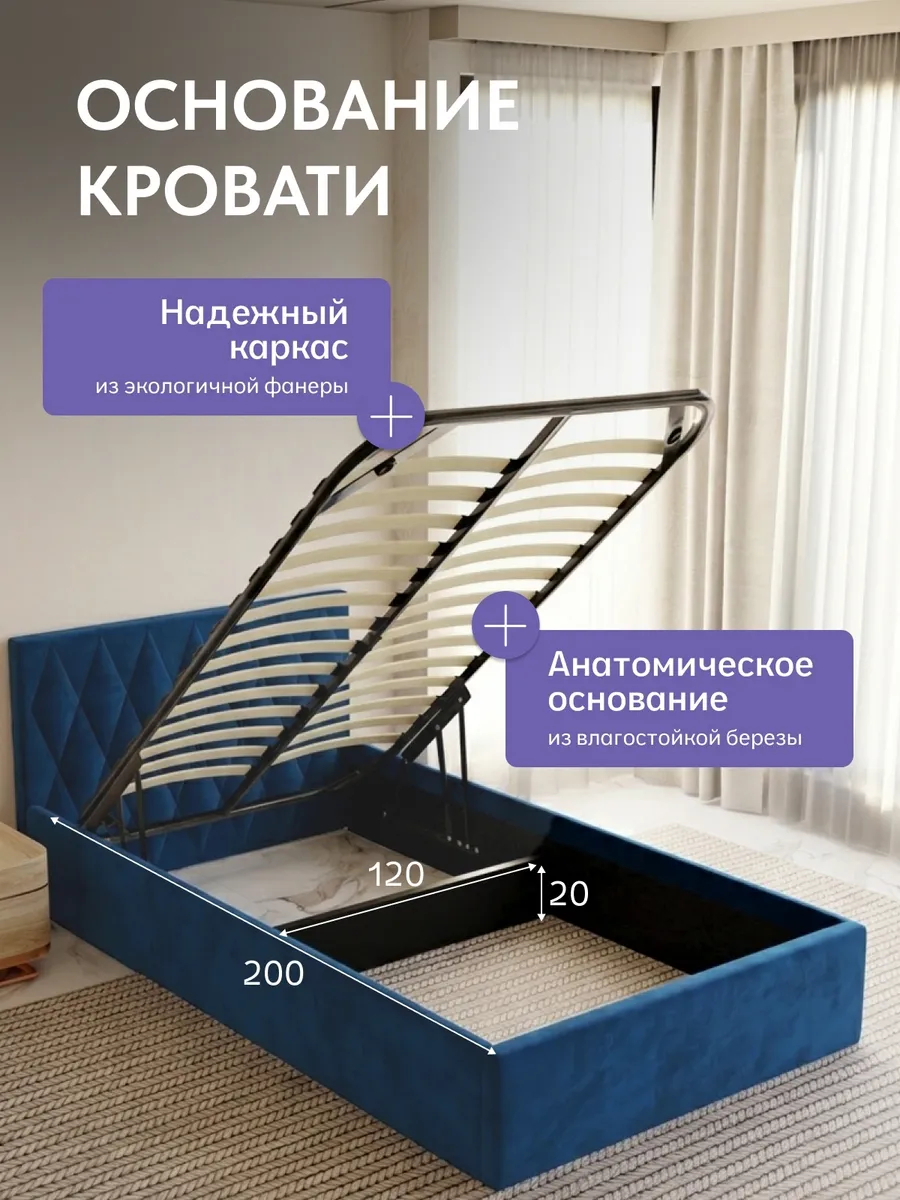 Кровать "Марбелья" 120х200  синий велюр - миниатюра 3