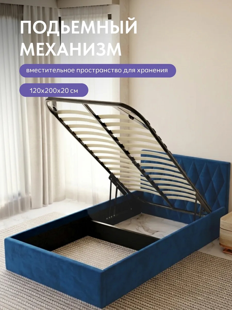 Кровать "Марбелья" 120х200  синий велюр - миниатюра 4