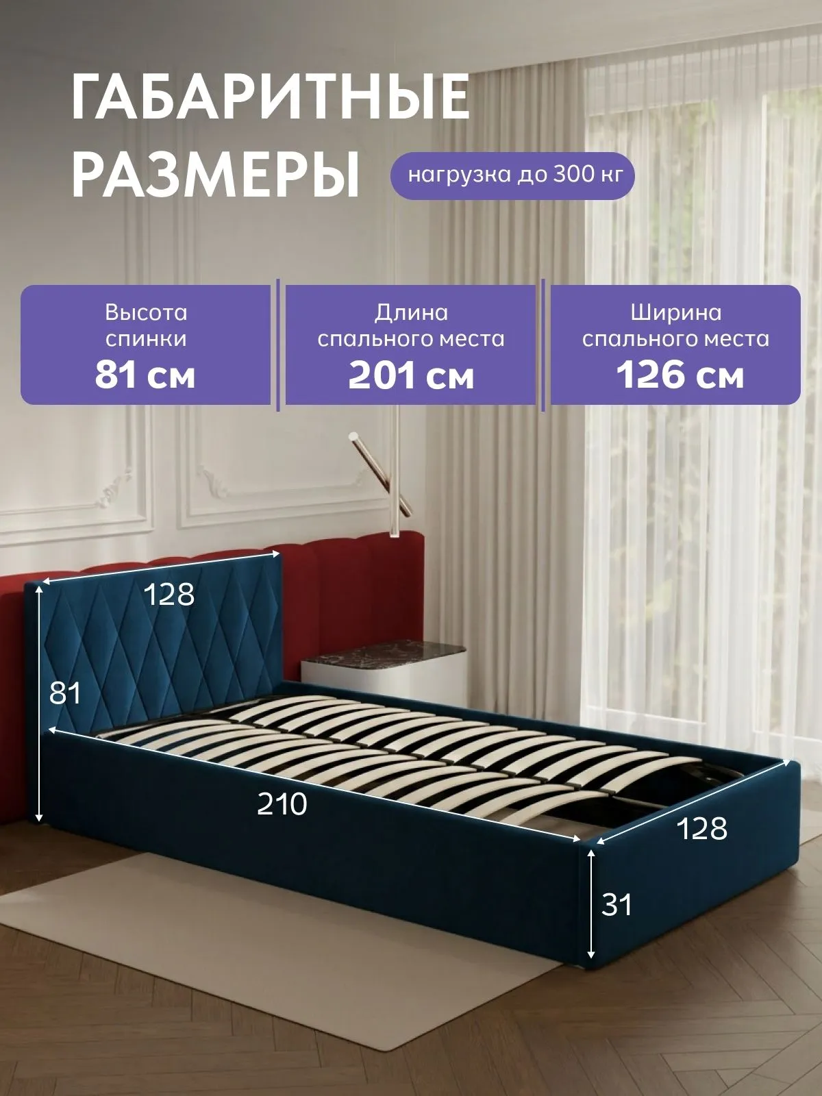 Кровать "Марбелья" 120х200  синий велюр - миниатюра 2