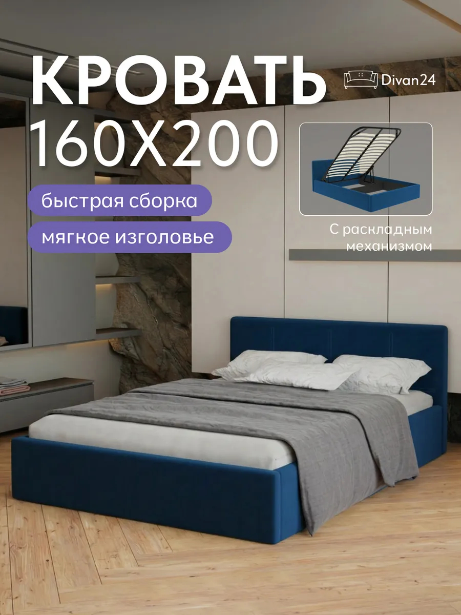 Кровать "Ноттингем" 160х200  синий велюр