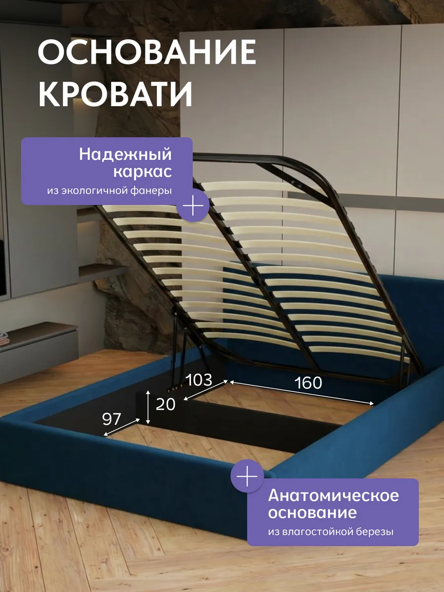 Кровать "Ноттингем" 160х200  синий велюр - миниатюра 3