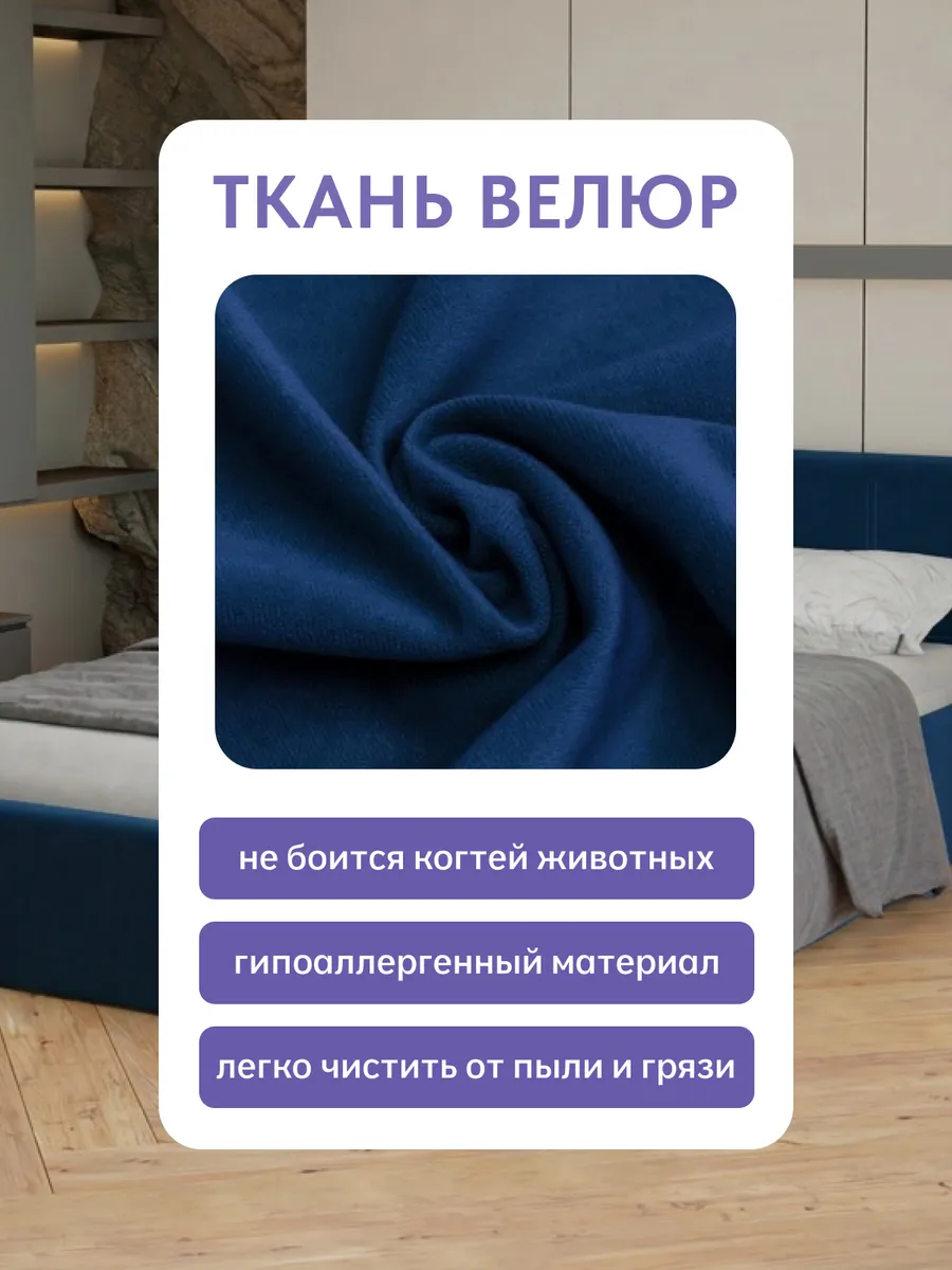 Кровать "Ноттингем" 160х200  синий велюр - миниатюра 7