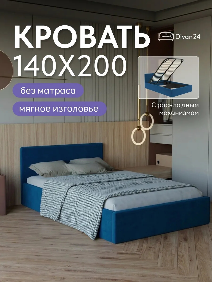 Кровать "Ноттингем" 140х200  синий велюр