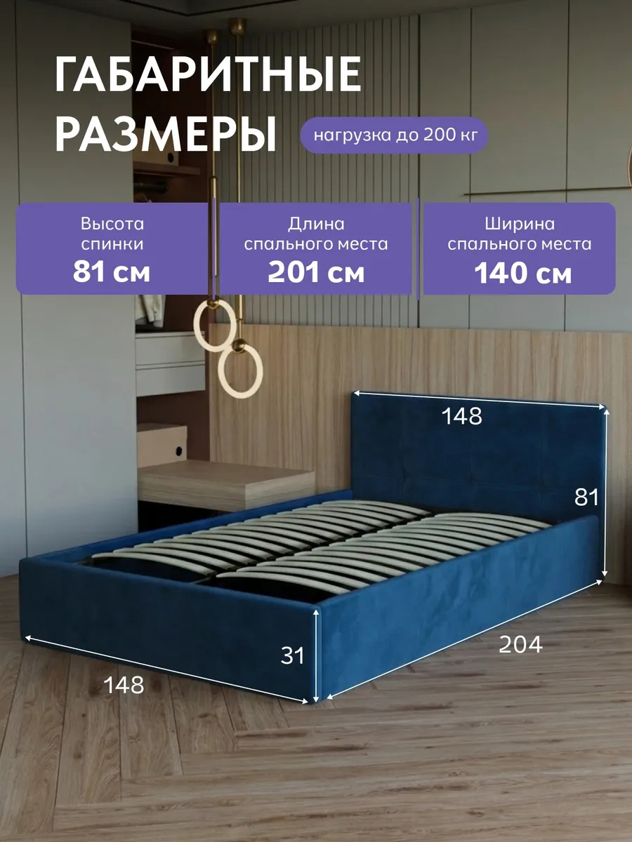 Кровать "Ноттингем" 140х200  синий велюр - миниатюра 2
