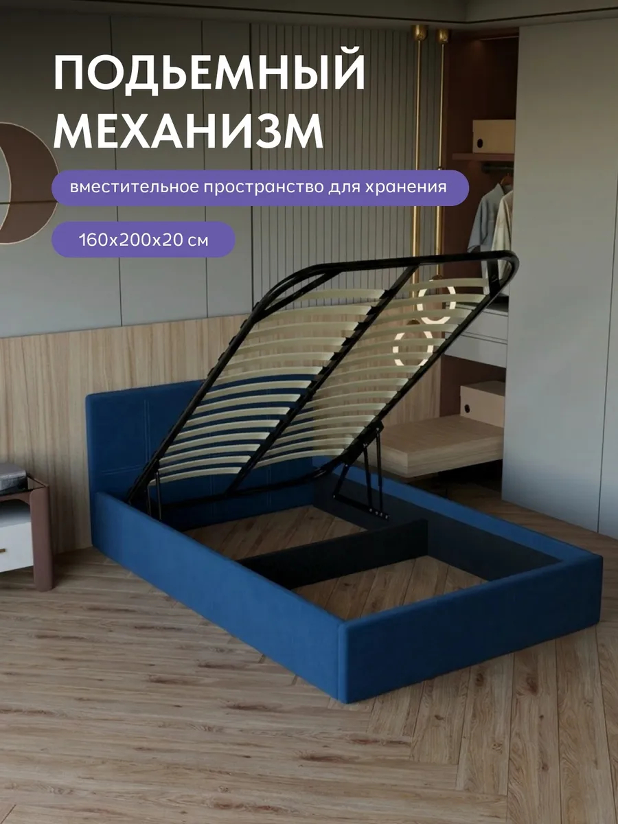 Кровать "Ноттингем" 140х200  синий велюр - миниатюра 4