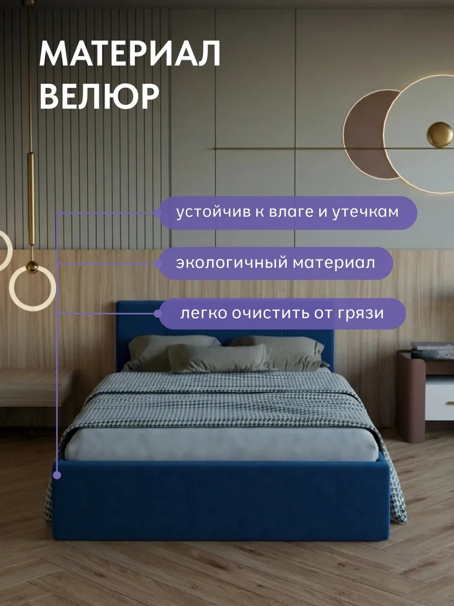 Кровать "Ноттингем" 140х200  синий велюр - миниатюра 5