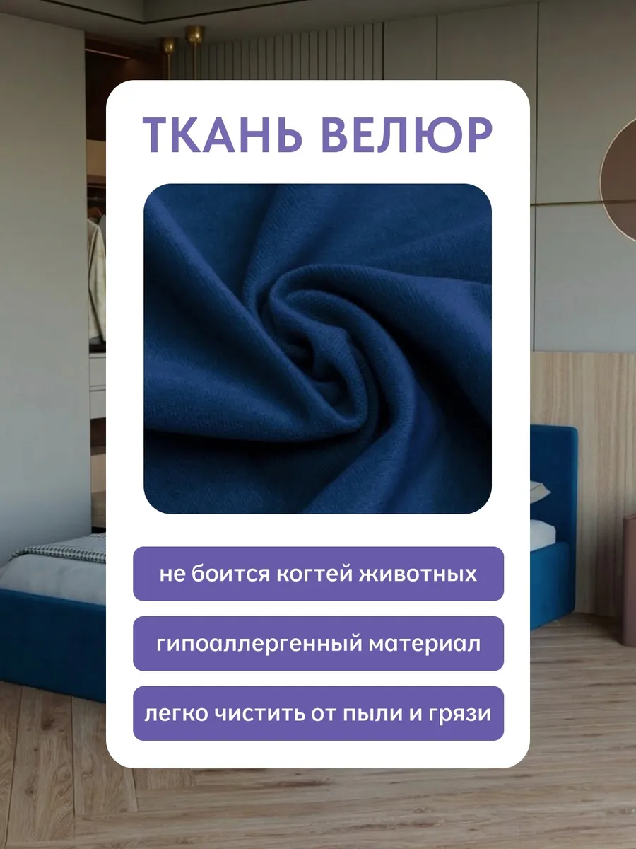 Кровать "Ноттингем" 140х200  синий велюр - миниатюра 7