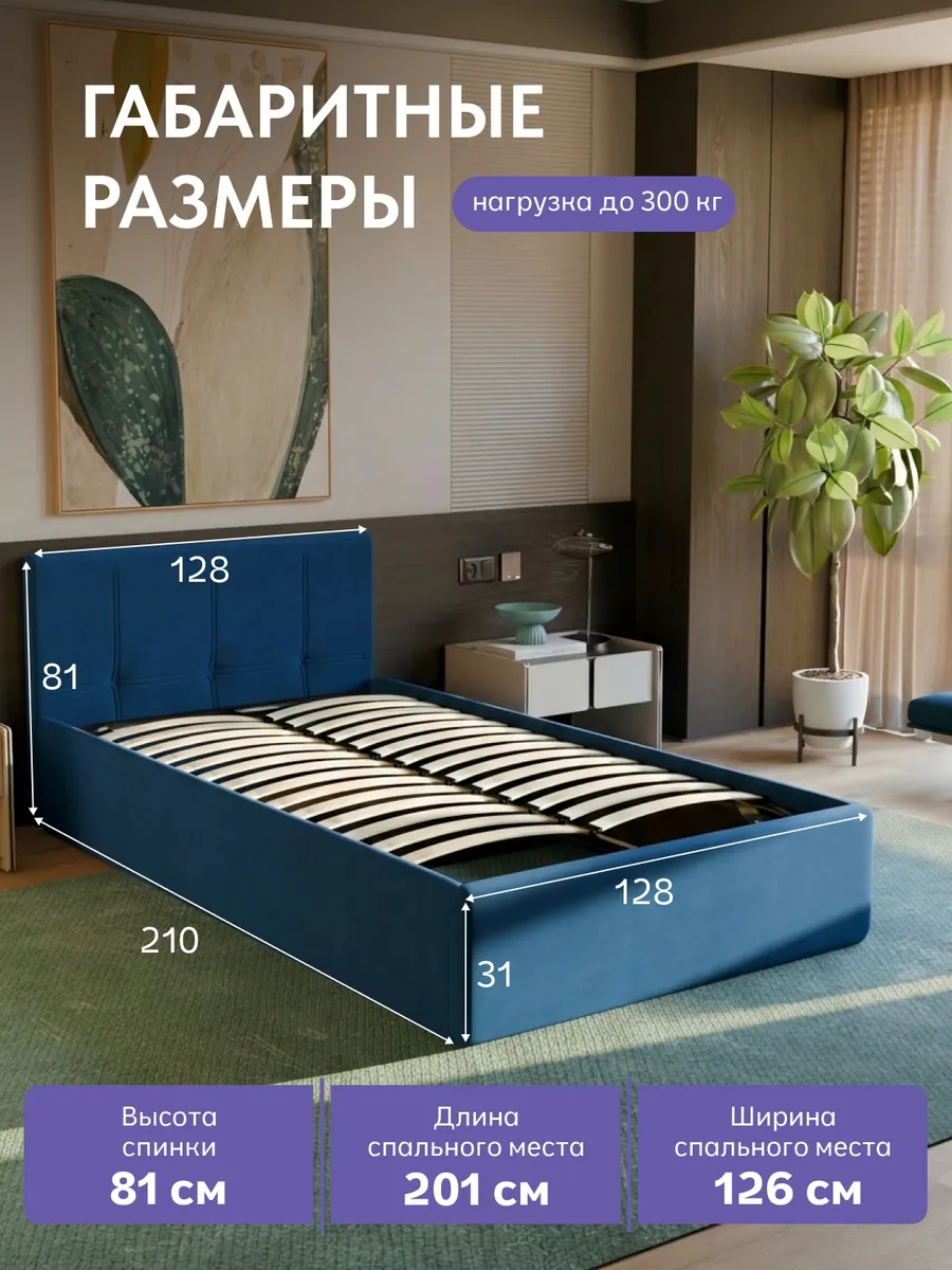 Кровать "Ноттингем" 120х200  синий велюр - миниатюра 2