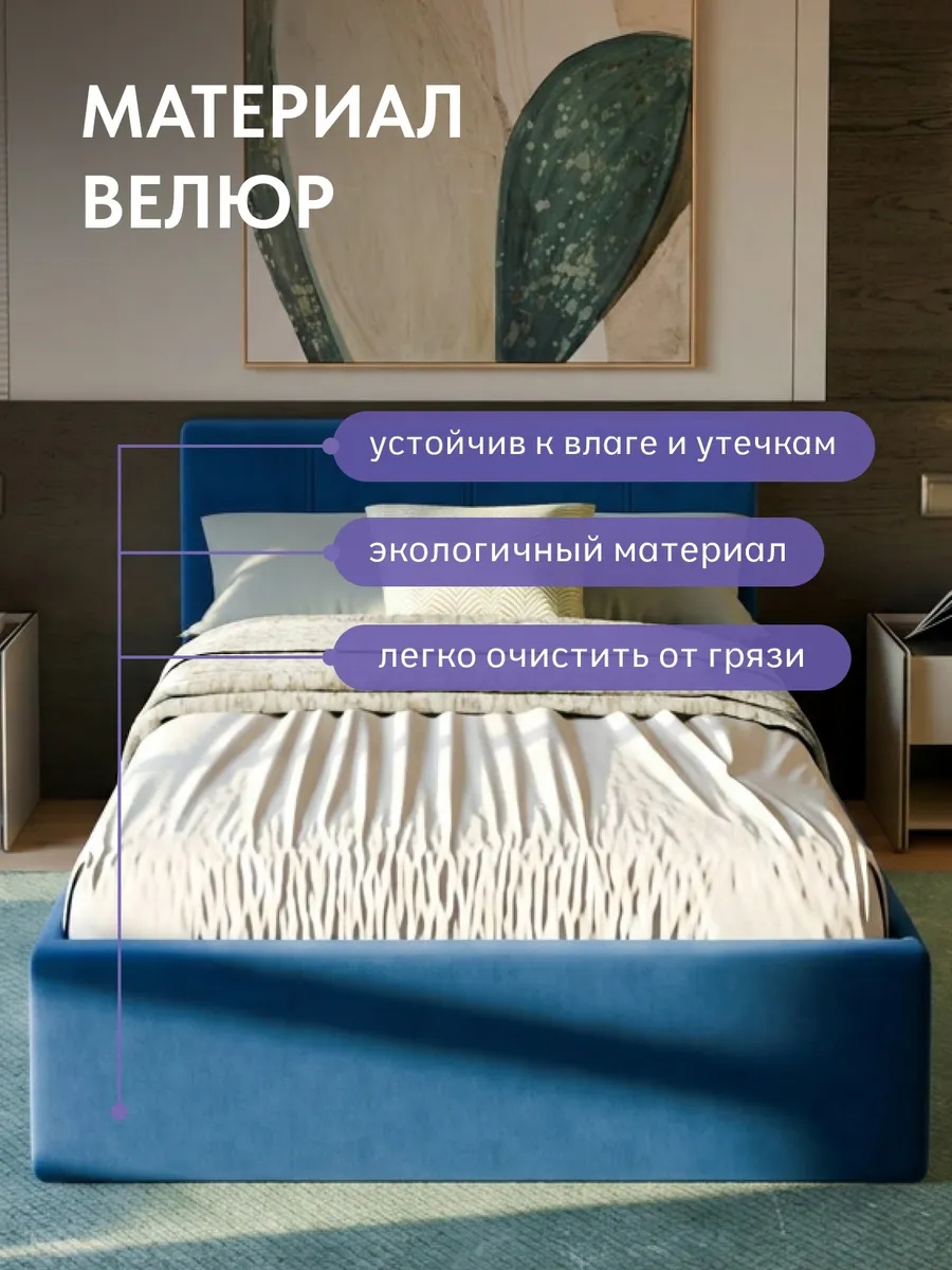 Кровать "Ноттингем" 120х200  синий велюр - миниатюра 5
