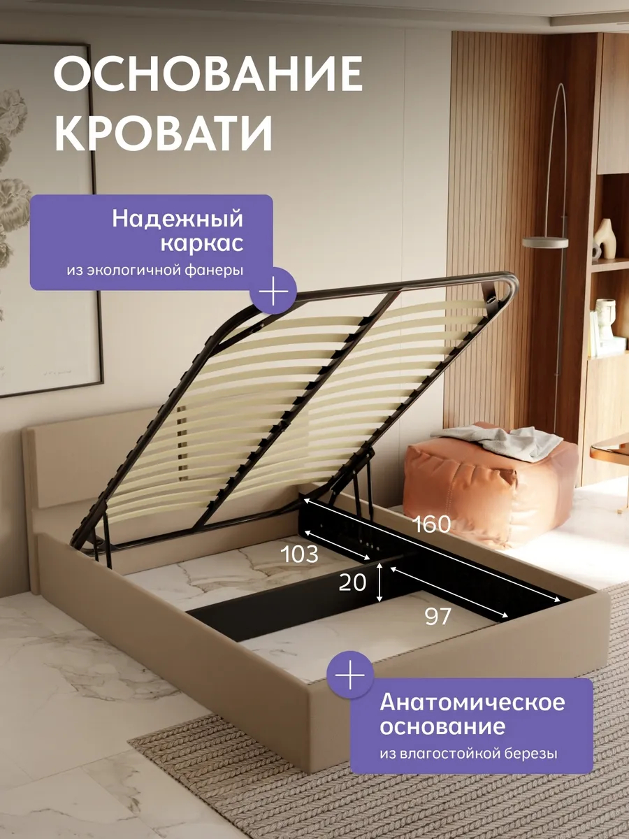 Кровать "Манчестер" 160х200  бежевый велюр - миниатюра 3