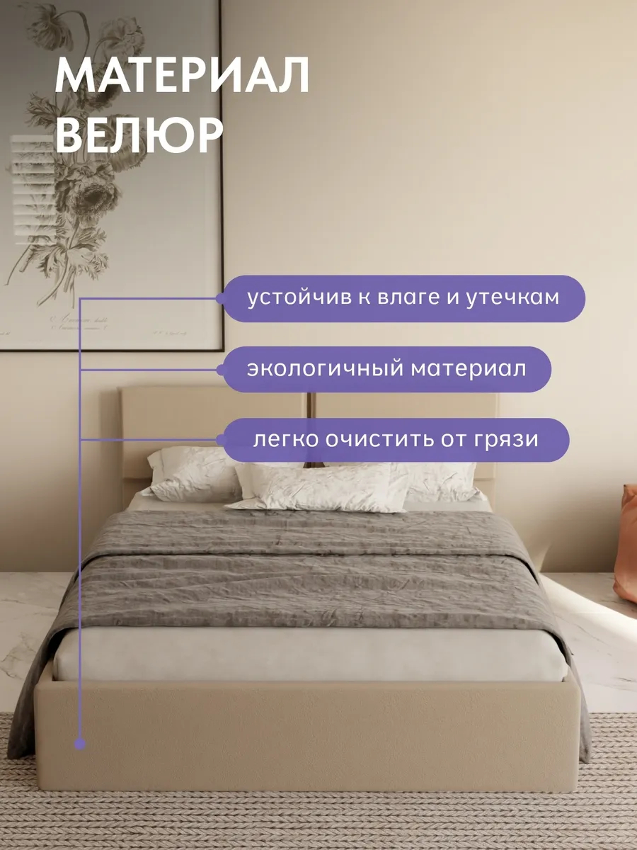 Кровать "Манчестер" 160х200  бежевый велюр - миниатюра 5