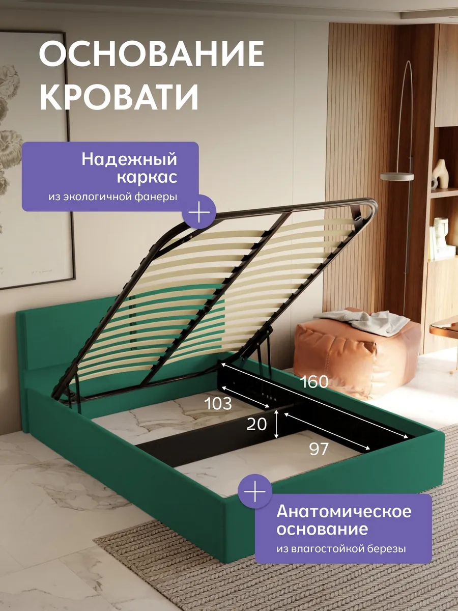 Кровать "Манчестер" 160х200  изумрудный велюр - миниатюра 3