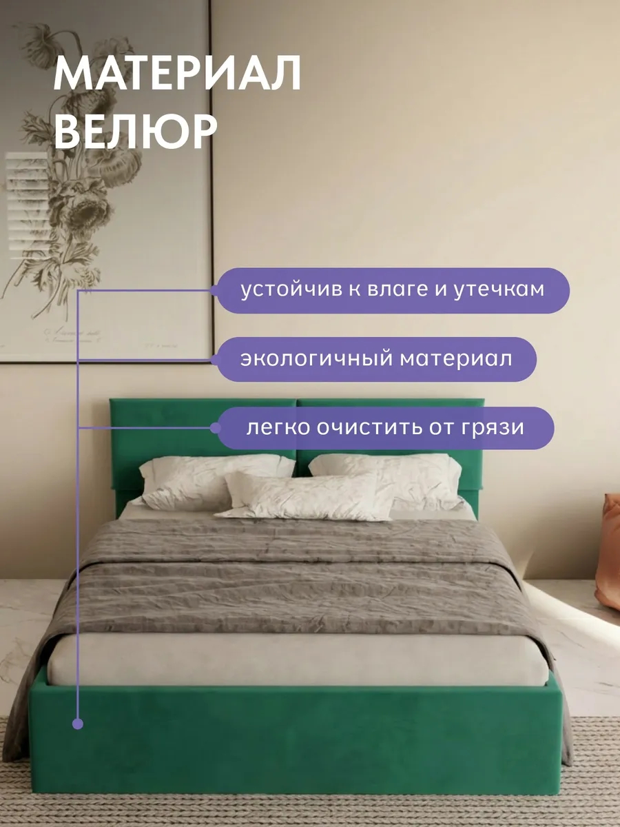 Кровать "Манчестер" 160х200  изумрудный велюр - миниатюра 5