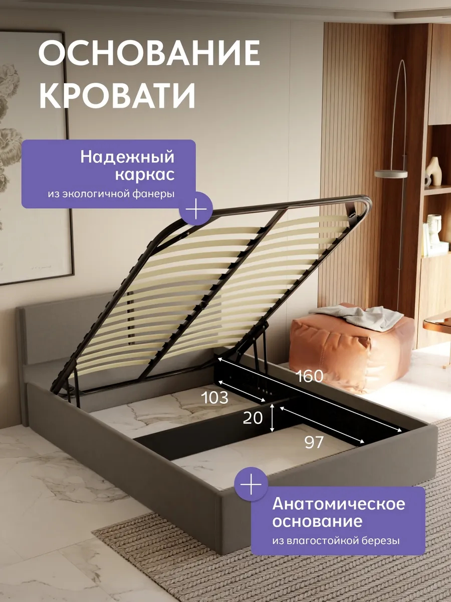 Кровать "Манчестер" 160х200  серый велюр - миниатюра 3